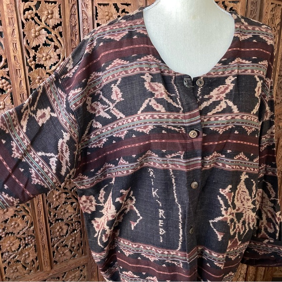 Vintage Cerimonial Indonesian Woven Ikat Boho Patterned Button Front Jacket - Picture 2 of 13